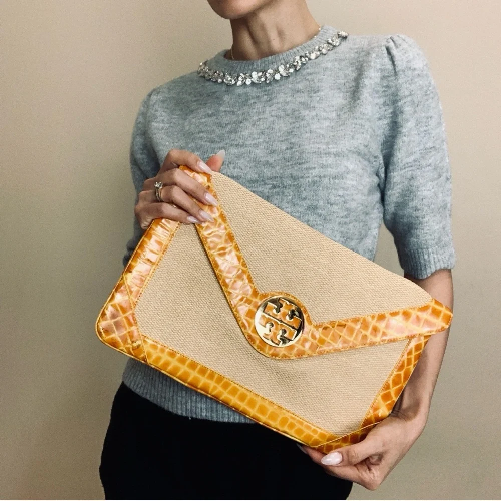 Tory Burch Yellow & Natural Raffia Envelope Crossbody
